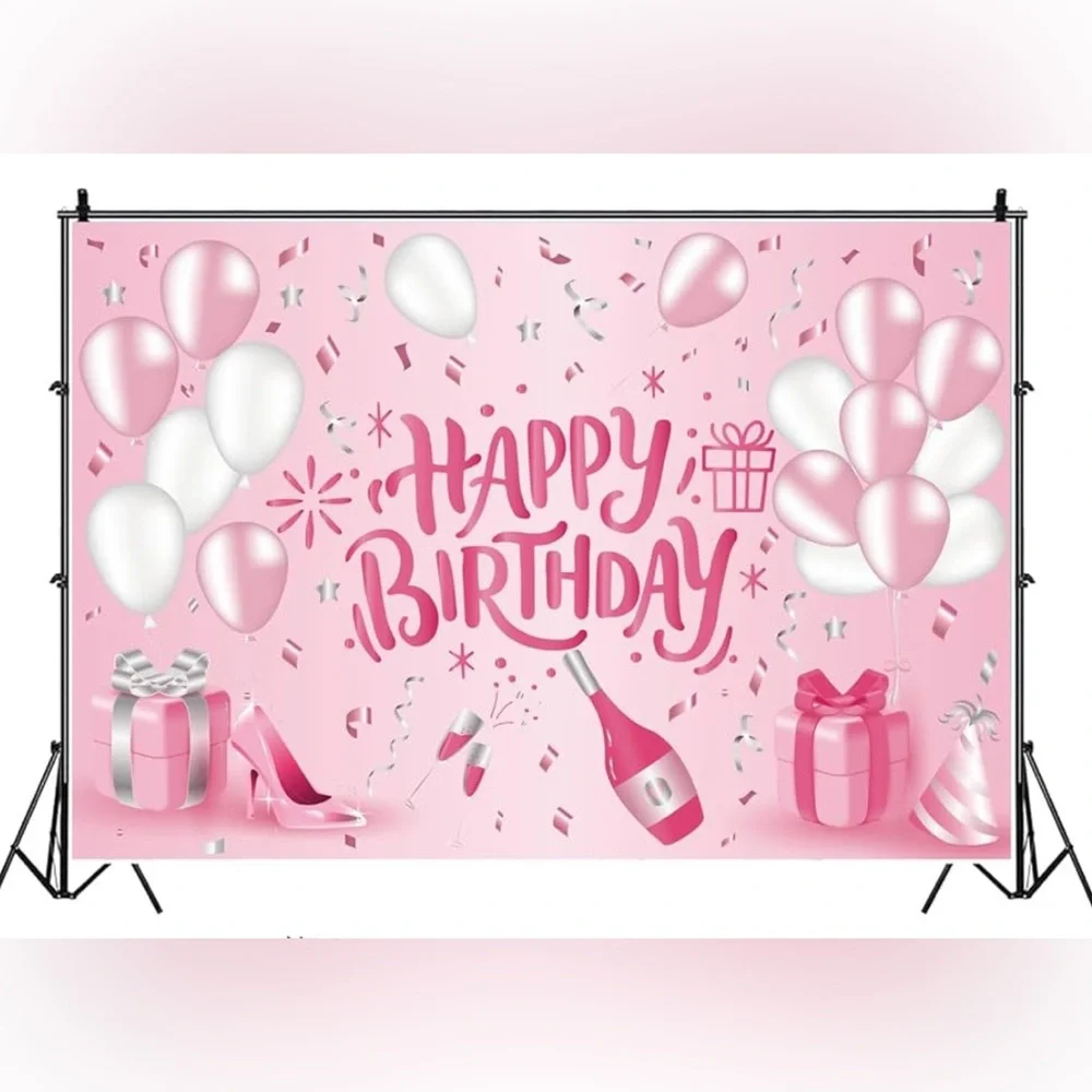 Pink and Silver Balloon Birthday Backdrop, 3 x 5, for Lady Girls Women Princess